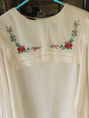 Vintage Cream Blouse with Red Rose Embroidery